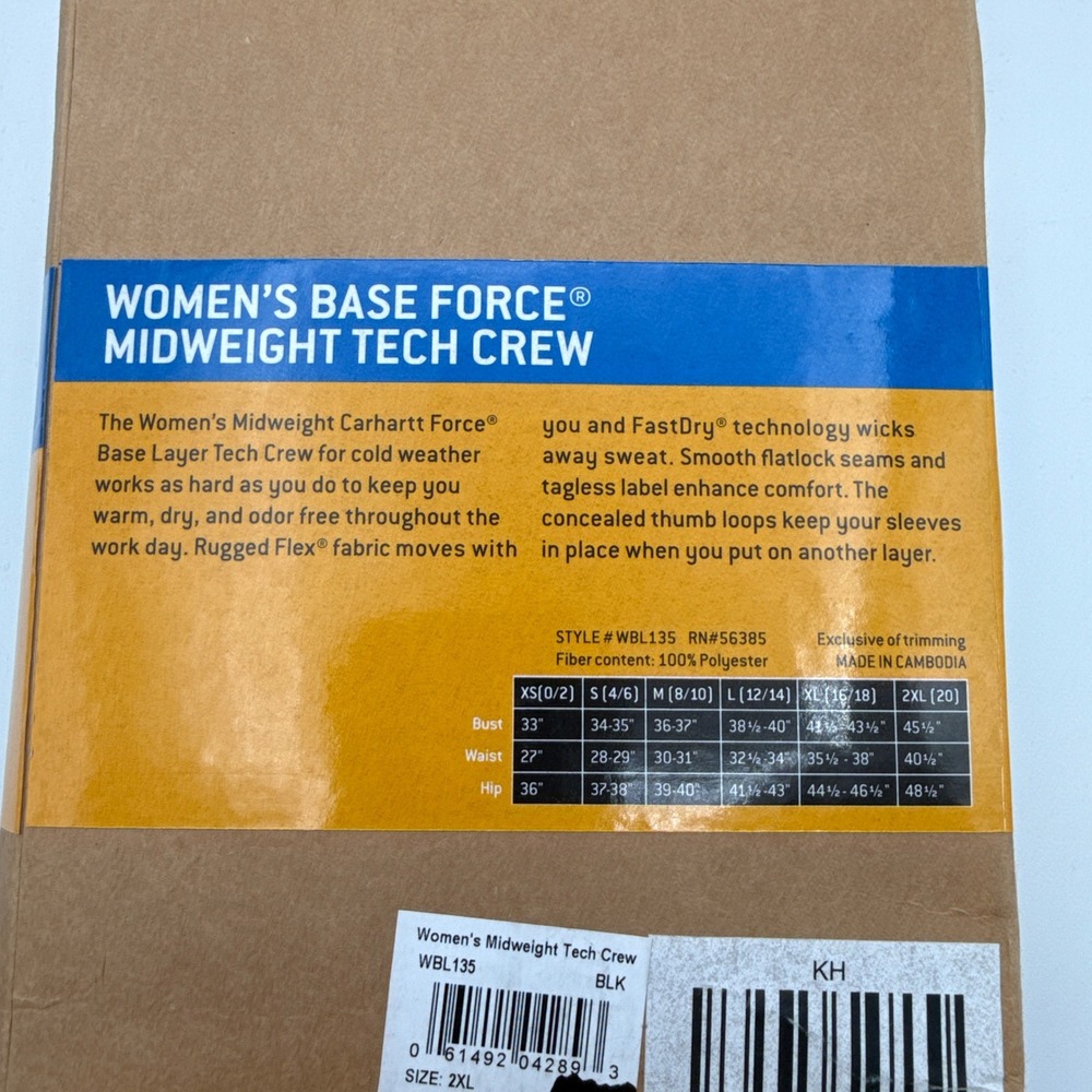 Carhartt Base Force Midweight Tech Crew Womens 2XL WBL135 BLK Black NIB‎ - Picture 4 of 6